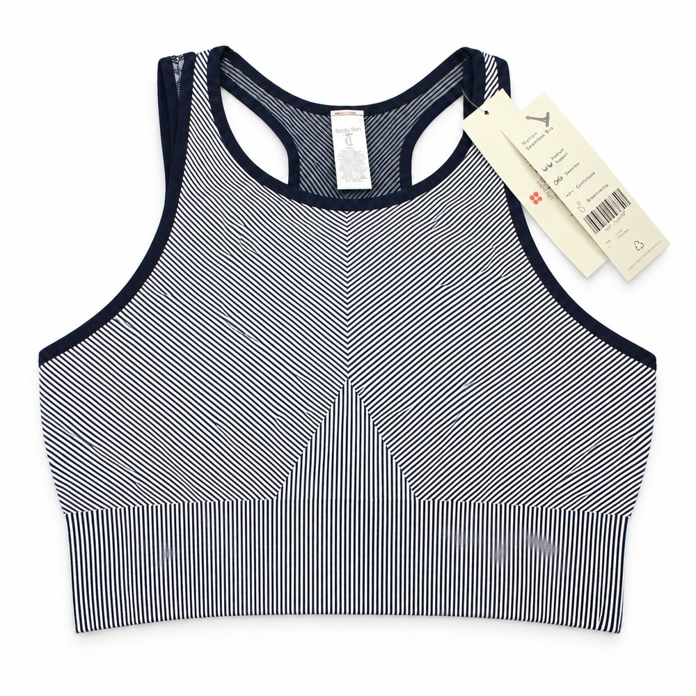 Sweaty Betty Illusion Seamless Bra Navy Blue Striped Medium Support Large NWT